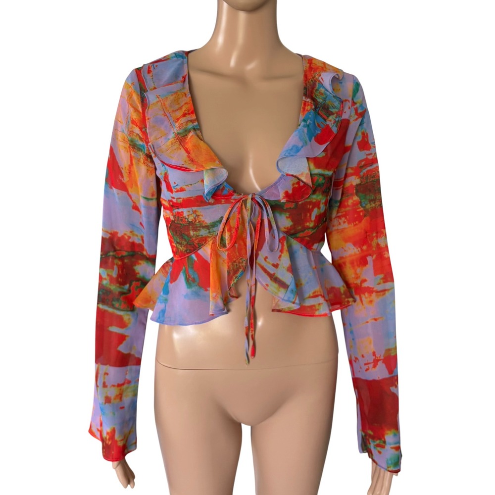 Tiger Mist Abstract Print Mesh Ruffle Cropped Peplum Top Multi XS Dopamine Boho